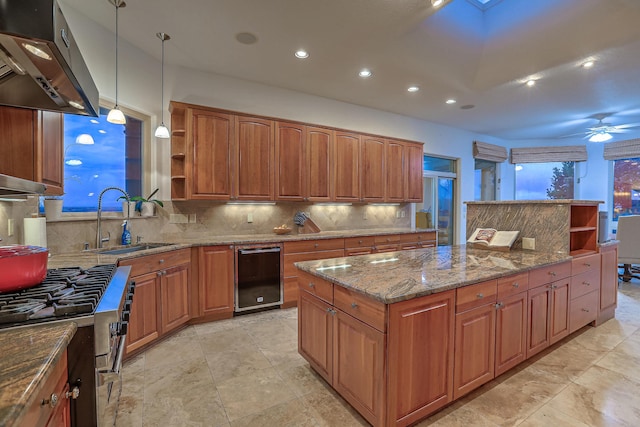 4110 Waterwillow Pl NW, Albuquerque, NM 87120 - kitchen featuring wall chimney range hood, open shelves, brown cabinets, decorative backsplash, and recessed lighting