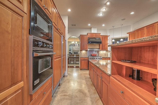 4110 Waterwillow Pl NW, Albuquerque, NM 87120 - kitchen with black appliances, under cabinet range hood, open shelves, backsplash, and arched walkways