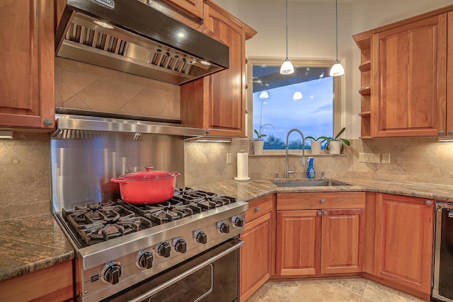 4110 Waterwillow Pl NW, Albuquerque, NM 87120 - kitchen featuring range hood, luxury range, backsplash, and brown cabinets