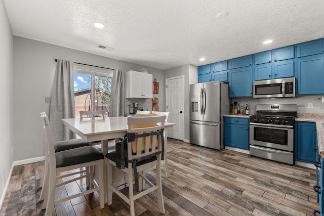 1227 Desert Paintbrush Loop, Rio Rancho, NM 87144 - kitchen with stainless steel appliances, blue cabinets, a textured ceiling, wood finished floors, and recessed lighting