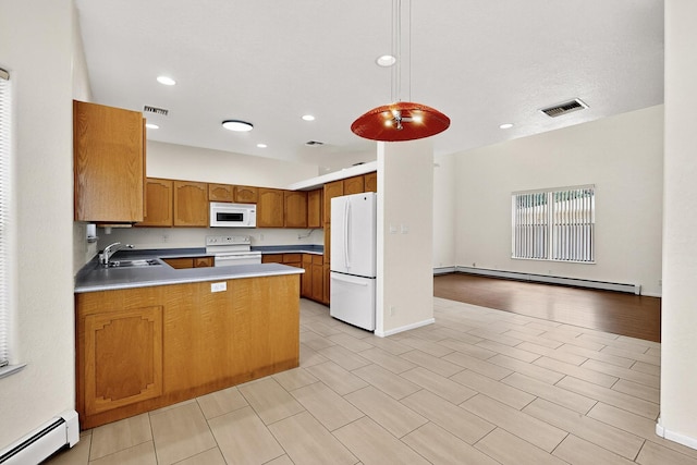 2517 Georgene Dr NE, Albuquerque, NM 87112 - kitchen featuring white appliances, a baseboard radiator, brown cabinets, open floor plan, and recessed lighting