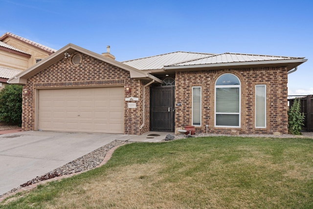 9200 Saguaro St NW, Albuquerque, NM 87114 - ranch-style home featuring brick siding, a garage, driveway, a front lawn, and metal roof