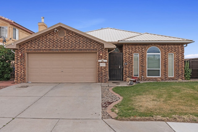 9200 Saguaro St NW, Albuquerque, NM 87114 - single story home featuring concrete driveway, brick siding, an attached garage, a front yard, and metal roof