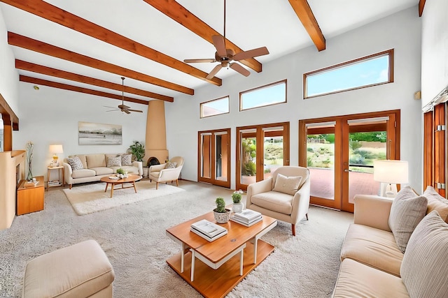 1704 Quail Run Ct NE, Albuquerque, NM 87122 - living room featuring a ceiling fan, carpet floors, beam ceiling, a towering ceiling, and french doors