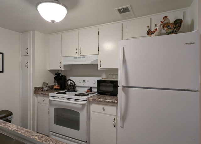 3501 Juan Tabo Blvd NE Unit K9, Albuquerque, NM 87111 - kitchen featuring white appliances, under cabinet range hood, white cabinetry, and dark countertops
