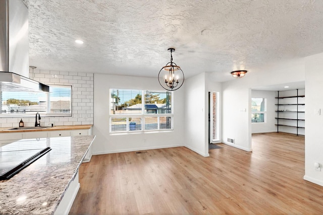 2912 Alcazar St NE, Albuquerque, NM 87110 - kitchen featuring a sink, light wood-style floors, plenty of natural light, exhaust hood, and a textured ceiling