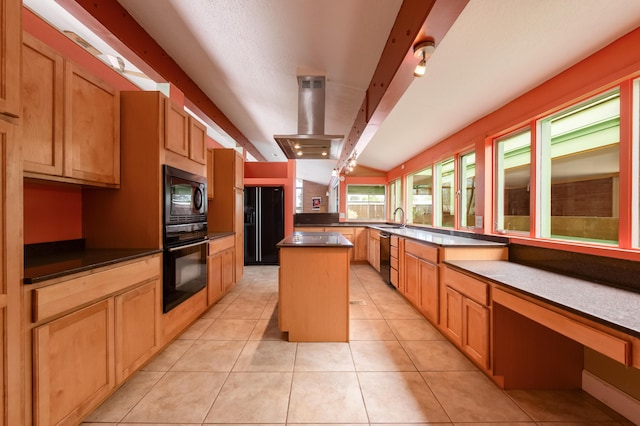 4818 Royene Ave NE, Albuquerque, NM 87110 - kitchen featuring black appliances, island range hood, a sink, a kitchen island, and light tile patterned floors