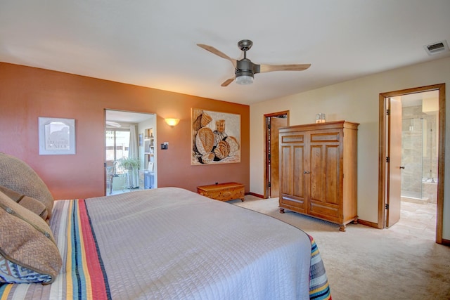 2865 Tramway Cir NE, Albuquerque, NM 87122 - bedroom with light colored carpet, baseboards, a ceiling fan, and connected bathroom