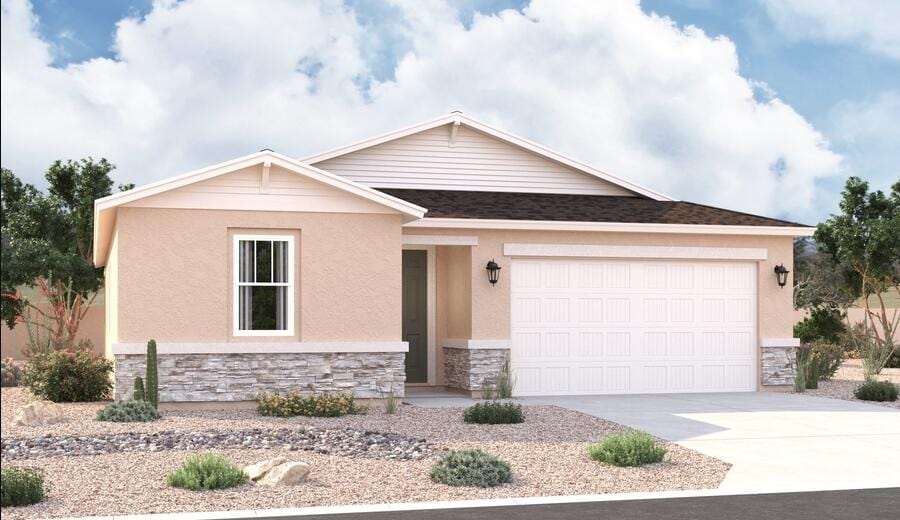 3121 Alicia Ln NE, Rio Rancho, NM 87124 - single story home with stone siding, concrete driveway, stucco siding, and an attached garage