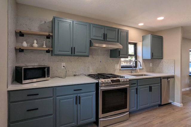 10031 Guadalupe Trl NW Unit A, Albuquerque, NM 87114 - kitchen with stainless steel appliances, under cabinet range hood, a sink, light wood-type flooring, and tasteful backsplash