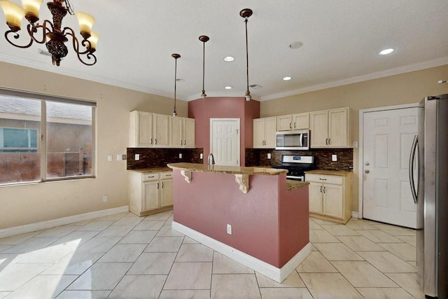 6505 Basket Weaver Ave NW, Albuquerque, NM 87114 - kitchen featuring appliances with stainless steel finishes, light marble finish floors, tasteful backsplash, ornamental molding, and recessed lighting