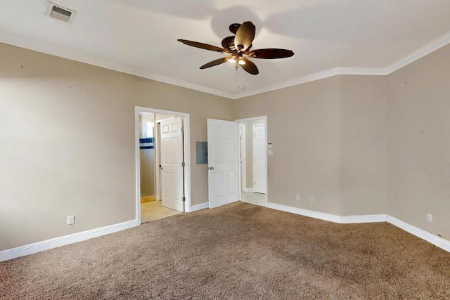 6505 Basket Weaver Ave NW, Albuquerque, NM 87114 - unfurnished bedroom with light colored carpet, baseboards, crown molding, ensuite bathroom, and ceiling fan