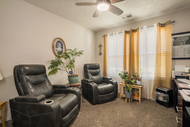 2336 Del Timbre Ln SW, Albuquerque, NM 87121 - living area with carpet, a textured ceiling, and a ceiling fan