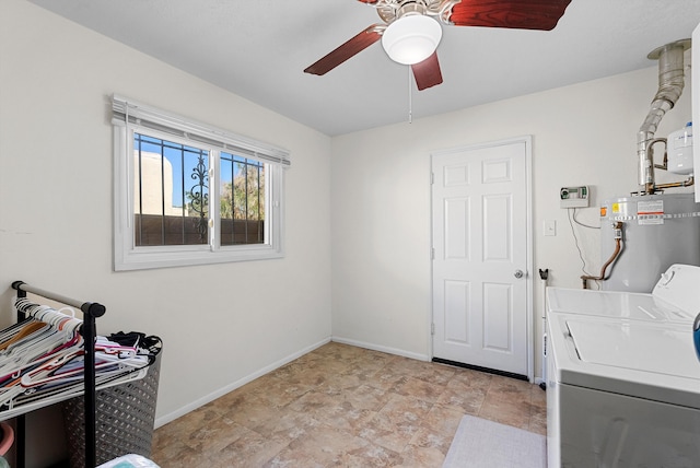 7609 Hannett Ave NE, Albuquerque, NM 87110 - washroom featuring washer and dryer, water heater, ceiling fan, and baseboards