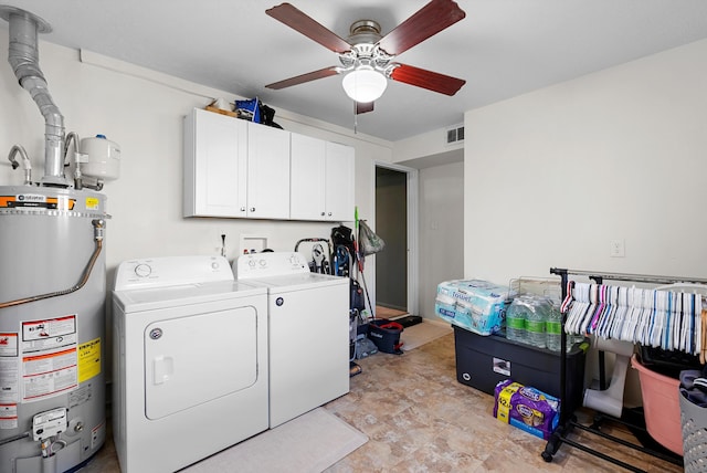 7609 Hannett Ave NE, Albuquerque, NM 87110 - laundry room featuring cabinet space, gas water heater, washer and clothes dryer, and ceiling fan