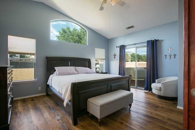 8215 Corona Ave NE, Albuquerque, NM 87122 - bedroom with lofted ceiling, access to outside, dark wood finished floors, ceiling fan, and baseboards