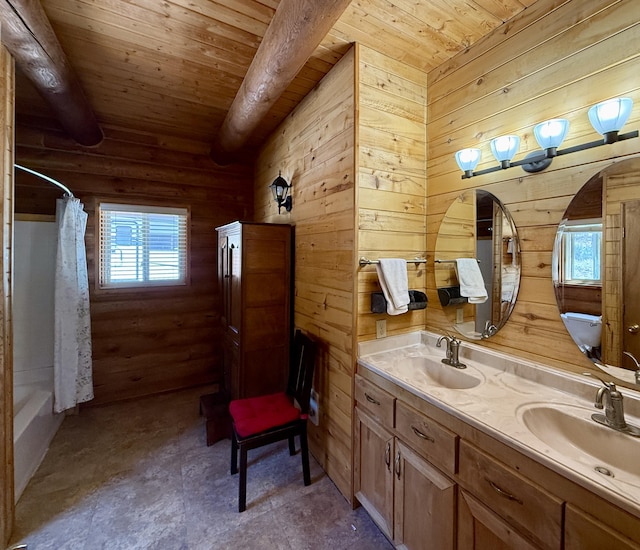 31 Smokey Bear Rd, Ramah, NM 87321 - bathroom with wooden walls, wood ceiling, double vanity, and shower / tub combo with curtain