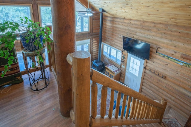 31 Smokey Bear Rd, Ramah, NM 87321 - stairway featuring log walls, wood finished floors, and ceiling fan