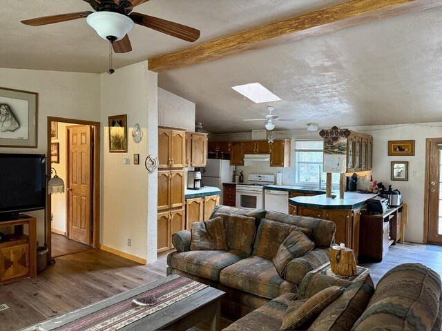 34 Halcon Rd, Ramah, NM 87321 - living area with wood finished floors, ceiling fan, a skylight, and baseboards