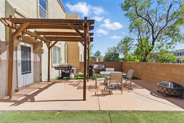 2115 Cortina Loop SE, Rio Rancho, NM 87124 - view of patio / terrace featuring a fire pit, a pergola, a grill, and outdoor dining space