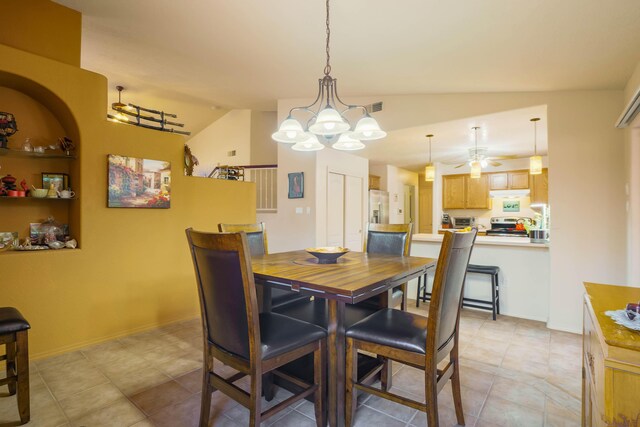 6105 Loro Ave NW, Albuquerque, NM 87114 - dining space featuring vaulted ceiling, a chandelier, a ceiling fan, and light tile patterned floors