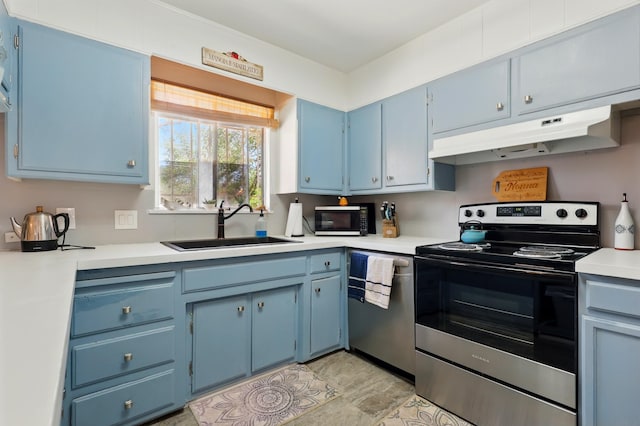 2724 Pennsylvania St NE, Albuquerque, NM 87110 - kitchen with appliances with stainless steel finishes, blue cabinetry, under cabinet range hood, and a sink
