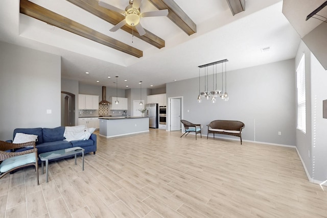 7037 Cleary Loop NE, Rio Rancho, NM 87144 - living area with beam ceiling, a ceiling fan, light wood-style flooring, baseboards, and recessed lighting