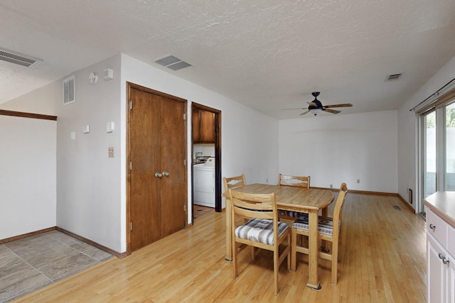 12304 Phoenix Ave NE, Albuquerque, NM 87112 - dining area with washer / clothes dryer, a ceiling fan, light wood-style flooring, a textured ceiling, and baseboards