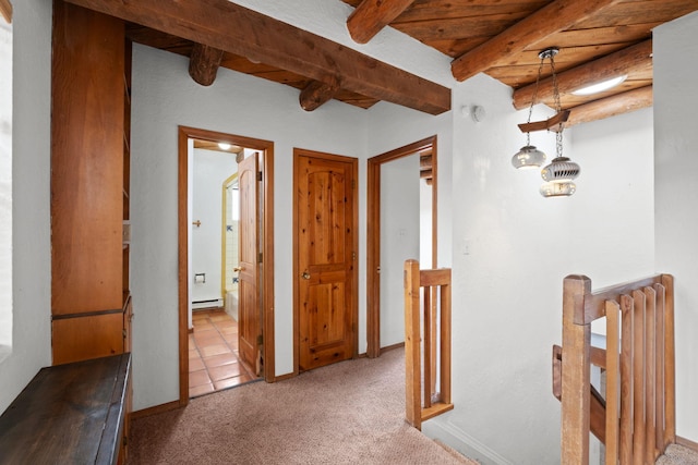 234 Horton Ln NW, Albuquerque, NM 87114 - hall featuring a baseboard radiator, an upstairs landing, beamed ceiling, and carpet flooring