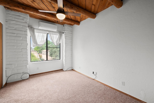 234 Horton Ln NW, Albuquerque, NM 87114 - empty room featuring wood ceiling with exposed beams, a wall unit AC, light carpet, a ceiling fan, and baseboards