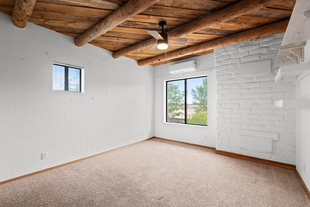 234 Horton Ln NW, Albuquerque, NM 87114 - spare room with an AC wall unit, wood ceiling with exposed beams, plenty of natural light, ceiling fan, and light carpet