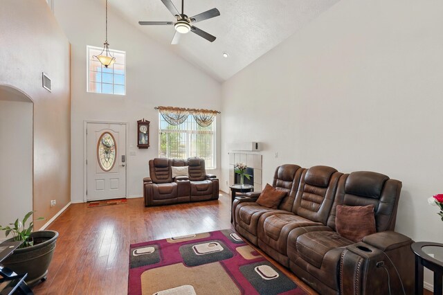 117 El Mundo Rd, Rio Communities, NM 87002 - living room with high vaulted ceiling, a ceiling fan, wood finished floors, arched walkways, and baseboards