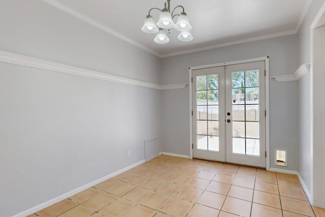 9913 Leyendecker Rd NE, Albuquerque, NM 87112 - entryway with a chandelier, french doors, baseboards, light tile patterned flooring, and crown molding