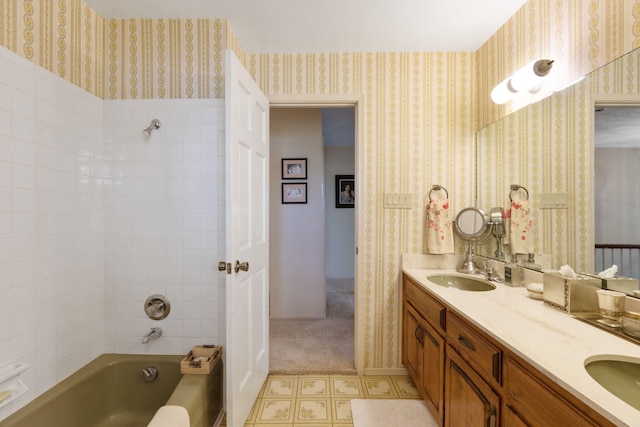 8480 Osuna Rd NE, Albuquerque, NM 87111 - bathroom featuring wallpapered walls, double vanity, and bathing tub / shower combination