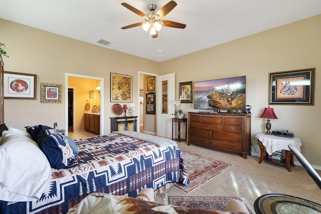 4210 Agave Ct SW, Los Lunas, NM 87031 - carpeted bedroom featuring baseboards, ceiling fan, and ensuite bath