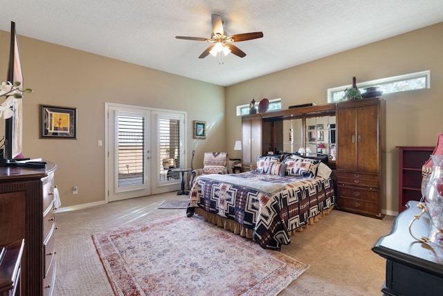 4210 Agave Ct SW, Los Lunas, NM 87031 - bedroom with carpet, access to exterior, french doors, ceiling fan, and baseboards