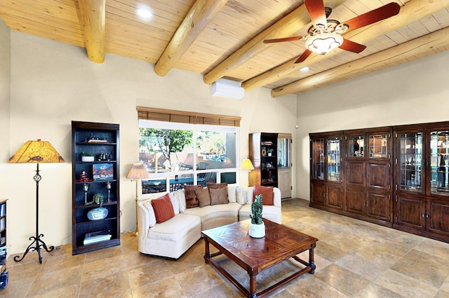 1 Seasons Cir, Placitas, NM 87043 - living room with wood ceiling with exposed beams, a ceiling fan, and recessed lighting