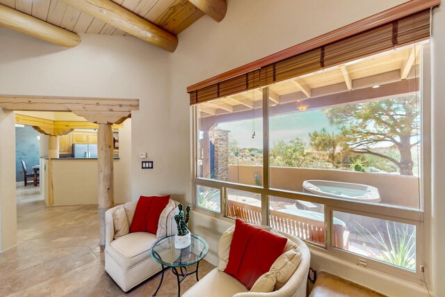 1 Seasons Cir, Placitas, NM 87043 - living area featuring wooden ceiling with exposed beams