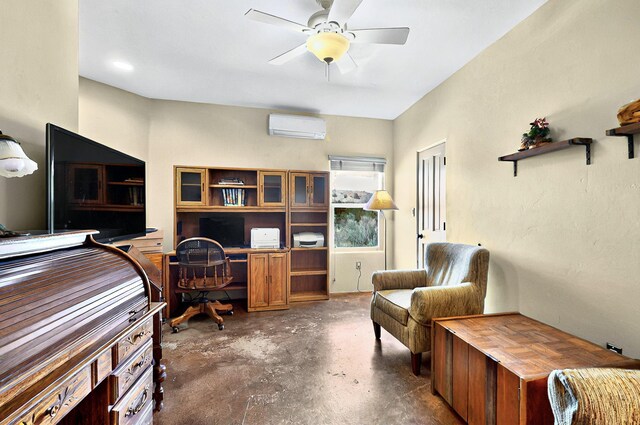 1 Seasons Cir, Placitas, NM 87043 - office featuring an AC wall unit, unfinished concrete floors, and ceiling fan