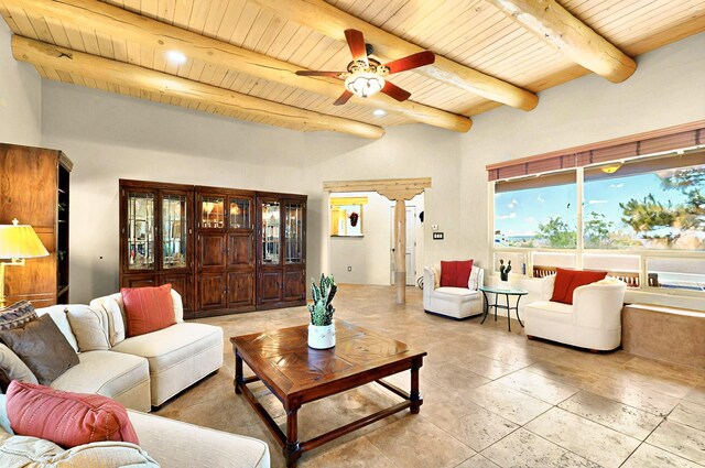 1 Seasons Cir, Placitas, NM 87043 - living area with wood ceiling with exposed beams and a ceiling fan