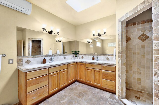 1 Seasons Cir, Placitas, NM 87043 - full bath with a wall mounted air conditioner, double vanity, walk in shower, and tasteful backsplash