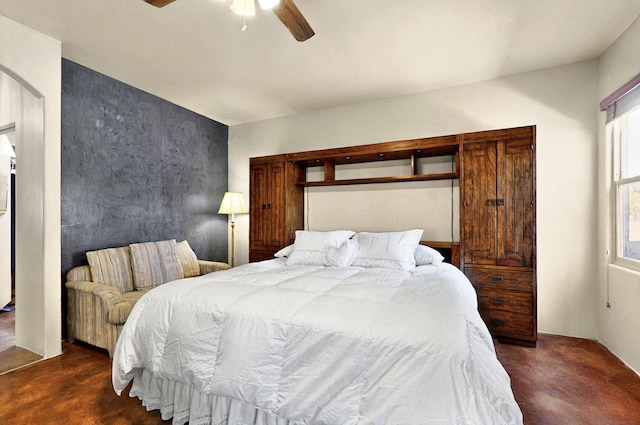 1 Seasons Cir, Placitas, NM 87043 - bedroom with finished concrete floors, multiple windows, and a ceiling fan