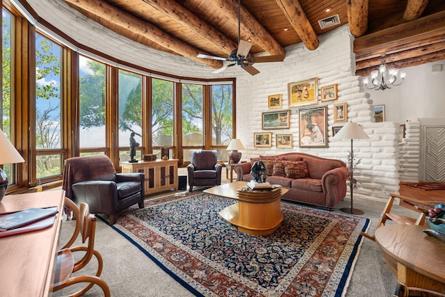 1572 Eagle Ridge Ct NE, Albuquerque, NM 87122 - carpeted living room with wood ceiling with exposed beams, a ceiling fan, and a chandelier