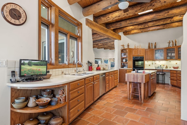 1572 Eagle Ridge Ct NE, Albuquerque, NM 87122 - kitchen with open shelves, a sink, stainless steel dishwasher, decorative backsplash, and ceiling fan