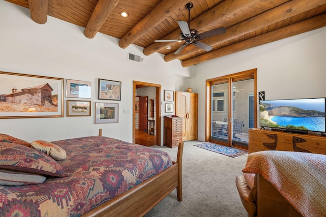 1572 Eagle Ridge Ct NE, Albuquerque, NM 87122 - carpeted bedroom with wood ceiling with exposed beams, access to exterior, ceiling fan, and recessed lighting