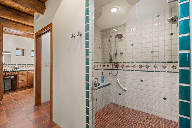 1572 Eagle Ridge Ct NE, Albuquerque, NM 87122 - bathroom with tile patterned floors, a shower stall, vanity, beamed ceiling, and recessed lighting