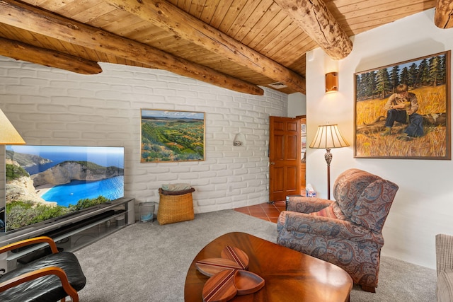 1572 Eagle Ridge Ct NE, Albuquerque, NM 87122 - living area featuring wooden ceiling with exposed beams, carpet floors, and brick wall