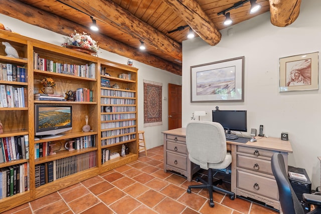 1572 Eagle Ridge Ct NE, Albuquerque, NM 87122 - office area featuring wood ceiling with exposed beams, track lighting, and tile patterned flooring