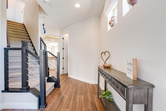 1608 Mammoth Way, Albuquerque, NM 87120 - foyer featuring baseboards, wood finished floors, stairway, and recessed lighting