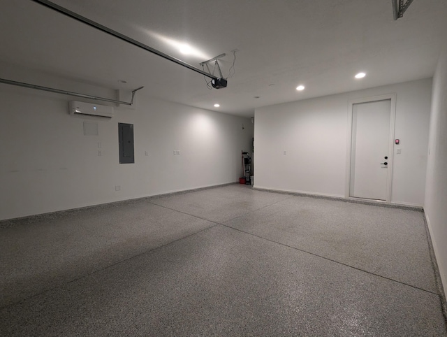 1608 Mammoth Way, Albuquerque, NM 87120 - garage featuring recessed lighting, electric panel, a garage door opener, a wall mounted air conditioner, and baseboards